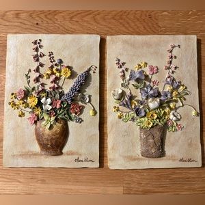 Cheri Blum-Art Sculpture Wall Plaques With Vases of flowers Set of 2